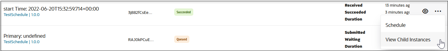The cursor is hovering over the actions menu of a business identifier in the row to show options for Schedule and View Child Instances.