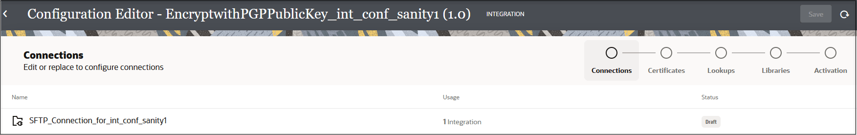 The Configuration Editor page shows the integration name in the title. Below this, the wizard shows the steps for each resource in the integration (connections, certificates, lookups, and libraries). The last step is Activation). Below this is a table with columns for Name, Usage, and Status.