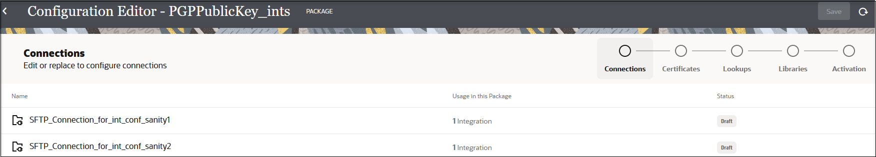 The Configuration Editor page shows the package name in the title. Below this, the wizard shows the steps for each resource in the integration (connections, certificates, lookups, and libraries). The last step is Activation). Below this is a table showing each integration in the package, with columns for Name, Usage in this Package, and Status.