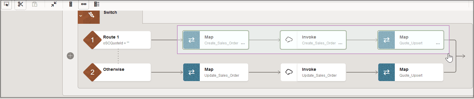 The switch action shows branches for Route 1 and Otherwise. In the Route 1 branch, the cursor has been dragged around the map, invoke, and map actions.