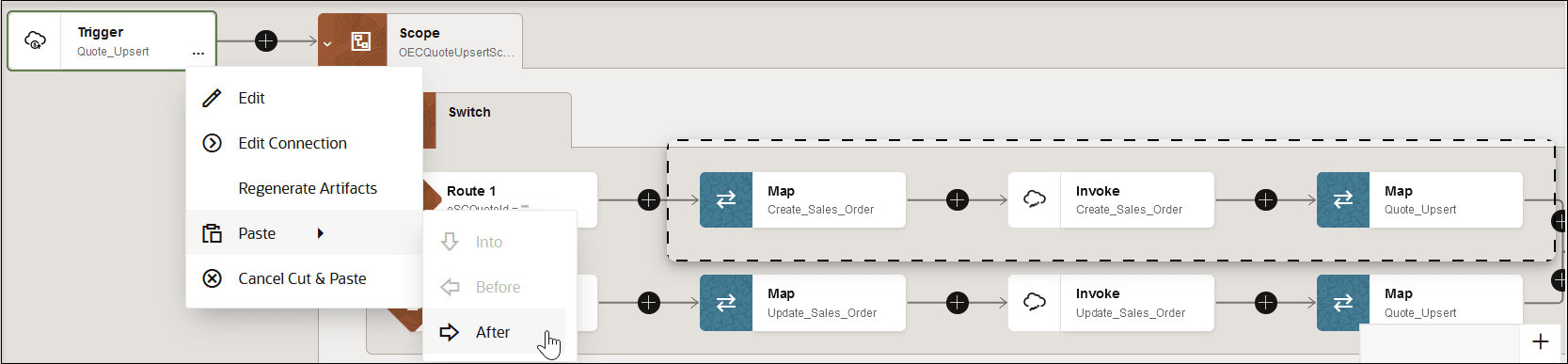 The switch action shows branches for Route 1 and Otherwise. In the Route 1 branch, the cursor has been dragged around the map, invoke, and map actions. The actions menu of the trigger action is selected to show options for Edit, Edit Connection, Regenerate Artifacts, Paste, and Cancel Cut & Paste.