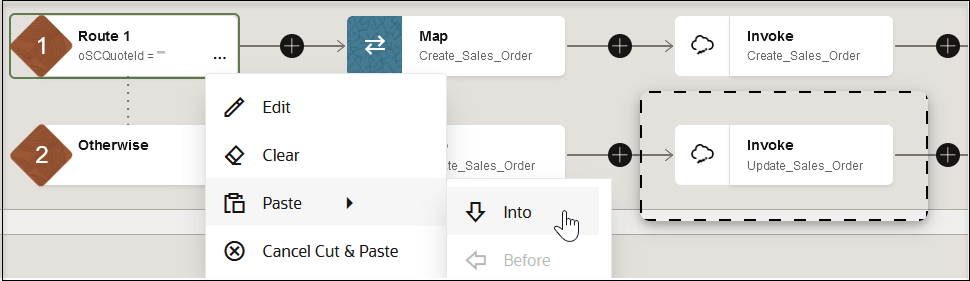 This image shows two branches in a switch action: Route 1 and Otherwise. The invoke action in the Otherwise route is selected for pasting. The action menu of the Route 1 branch is selected and Paste > Into is selected.