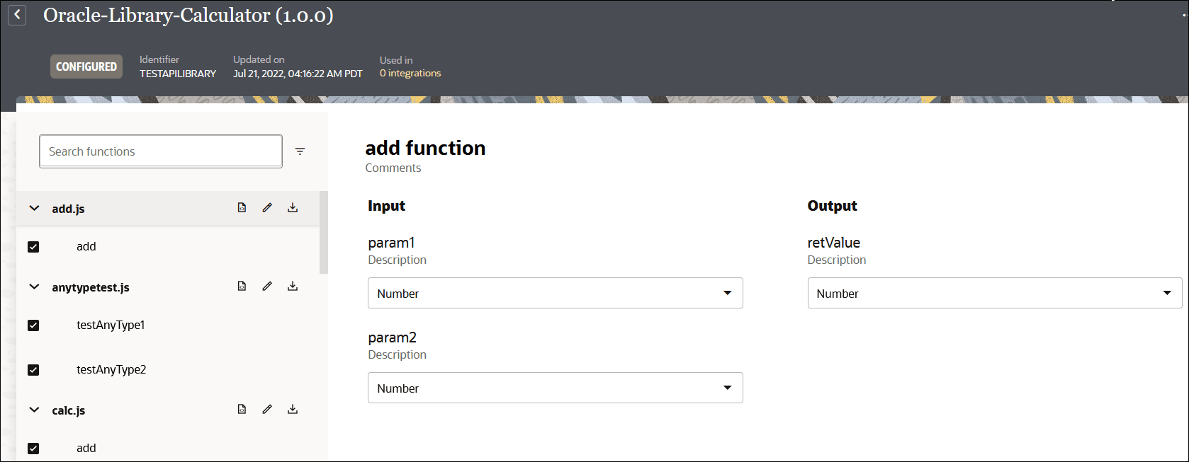 The Search functions field appears on the left. Below are the available functions. To the right is the add function, with Input and Output sections for the param1, retValue, and param2 parameters. Number is selected in each field.