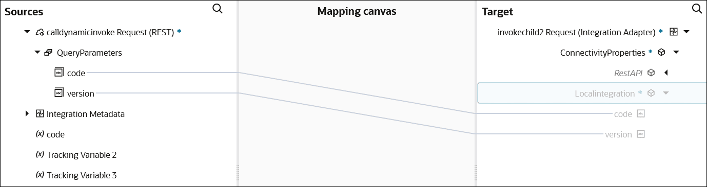 The mapper shows the source code and version elements mapped to target code and version elements that appear below the LocalIntegration element.