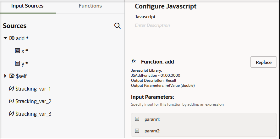 The Input Sources (which is selected) and Functions tabs are shown. Below is the Sources tree and a search icon. To the right is the Configure Javascript panel, which includes a name field, description field, Function section (add is the selected function), Input Parameters section, and a Replace button.