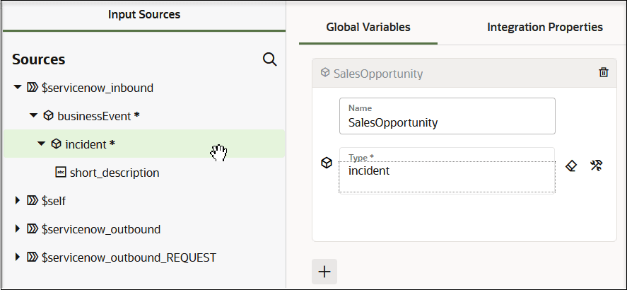 The Input Sources panel appears on the left. Below is the Sources tree of elements. A search icon also appears. On the right, the Global Variables tab is selected. To the right is the Integration Properties tab. Below are the Name and Type fields are shown. The Type field has a Clear icon and Switch to Developer Mode icon. A delete icon appears to the right of the name. The Input Sources panel appears on the left. Below is the Sources tree of elements. A search icon also appears. On the right, the Global Variables tab is selected. To the right is the Integration Properties tab. Below are the Name and Type fields are shown. The Type field has a Clear icon and Switch to Developer Mode icon. A delete icon appears to the right of the name.