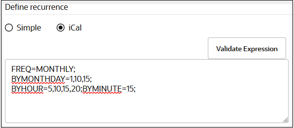 The Simple and iCal options are displayed. iCal is selected. The Validate Expression is to the right. After this is the defined expression.