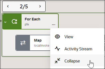 The actions menu is selected for the for-each action to show Collapse being selected.