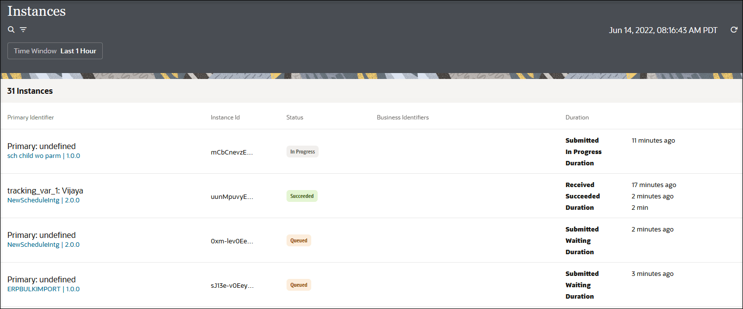 The Instances page shows a search icon and field and filter icon at the top. In the upper right is a time stamp. After this is a table of instances with columns for Primary Identifier, Instance ID, Status, Business Identifier, and Duration.