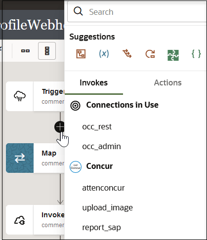 Menu with a Suggestions header (and its selections) and Invokes (and its selections)and Actions tabs. Menu with a Suggestions header (and its selections) and Invokes (and its selections)and Actions tabs.