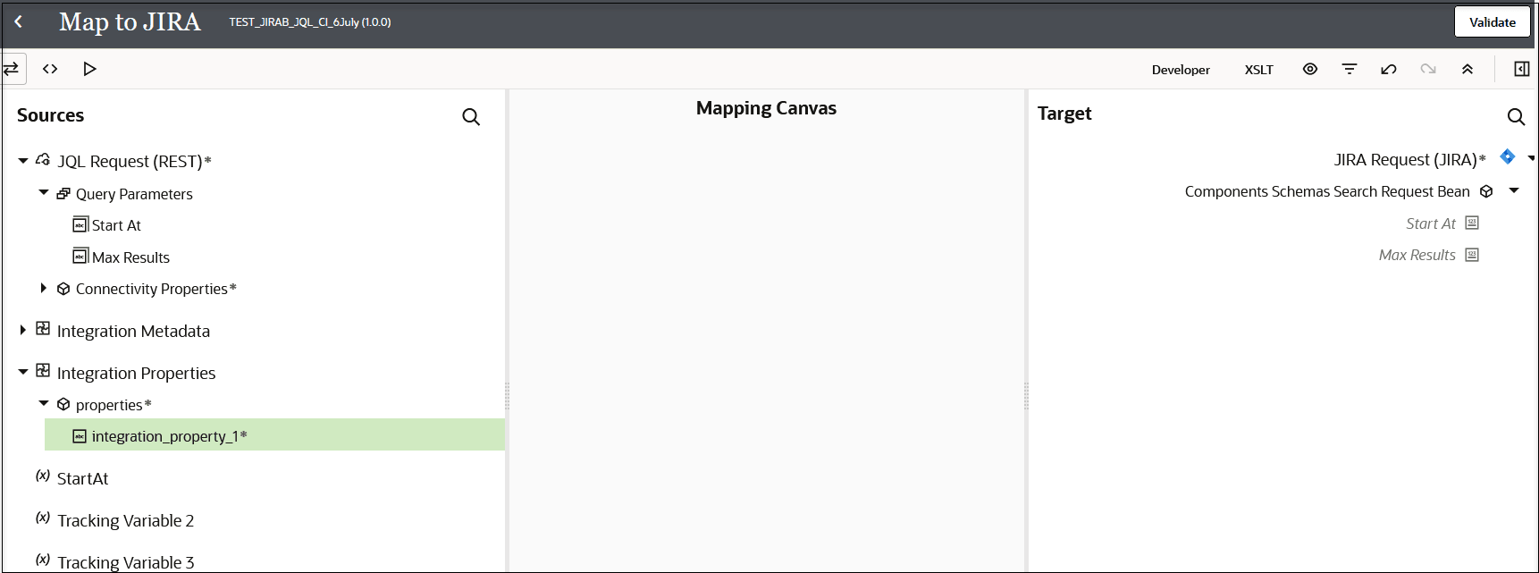 The Sources tree, Mapping Canvas, and Target tree are shown. Three icons appear above the Sources tree. Developer, XSLT, and six icons appear above the Target tree. A Validate button appears in the upper right.
