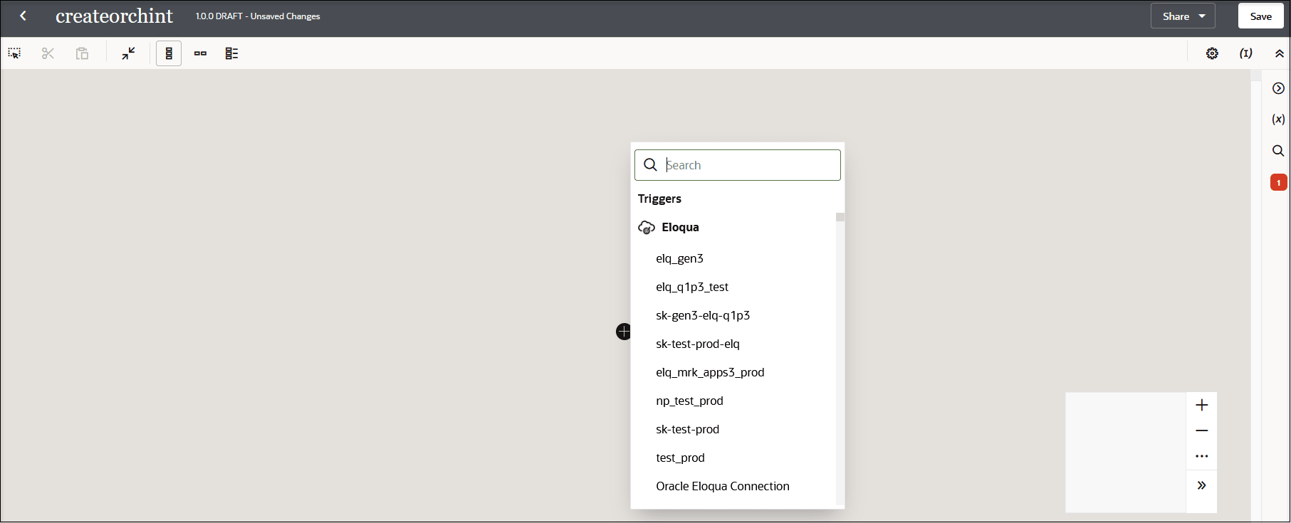 The canvas is shown after integration creation. The integration name, version, and status of draft are shown. Seven icons appear below. At the far right are the Share drop-down list and Save button. Two icons appear horizontally below and five icons appear vertically below. In the middle of the canvas are the expand button and a list of triggers from which to choose. Below to the right is the palette for adjusting the layout of your integration.