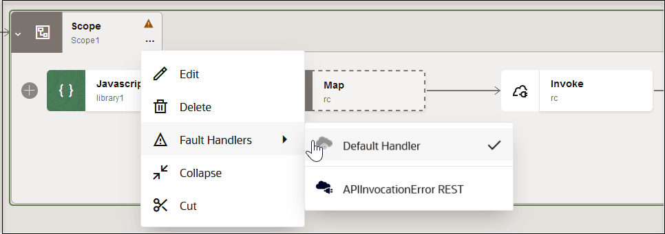 Scope action is clicked and the Actions menu is selected to show Fault Handlers selected. To fault handlers are shown: Default Handler and APIInvocationError REST. Scope action is clicked and the Actions menu is selected to show Fault Handlers selected. To fault handlers are shown: Default Handler and APIInvocationError REST.
