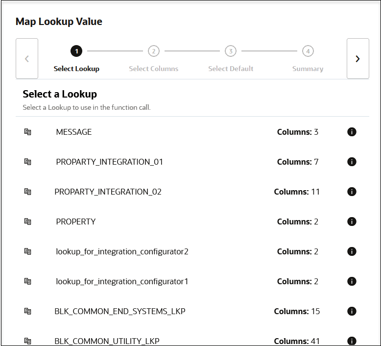 The Map Lookup Value panel shows the wizard steps at the top: Select Lookup, Select Columns, Select Default, and Summary. After this are the lookup names, the number of columns, and the information icons.