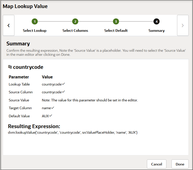The Map Lookup Value panel shows the wizard steps at the top: Select Lookup, Select Columns, Select Default, and Summary. Below the Summary page shows the select parameters and values and the resulting expression.