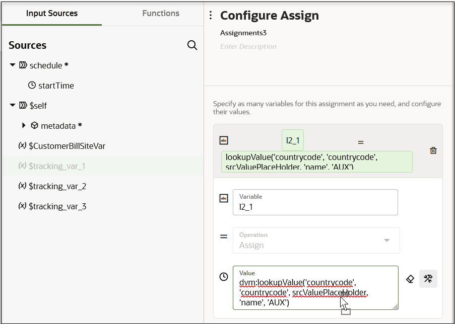 The Input Sources (which is selected) and Functions tabs are shown. Below is the Sources tree and a search icon. To the right is the Configure Assign panel, which includes a name field, description field, Variable field, Operation field, and Value field.