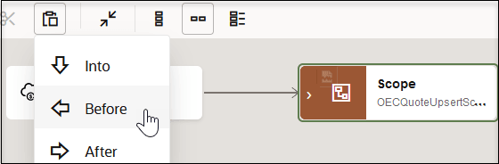 A list is selected to show options for Into, Before, and After. The Before option is being selected. To the right is a scope action.