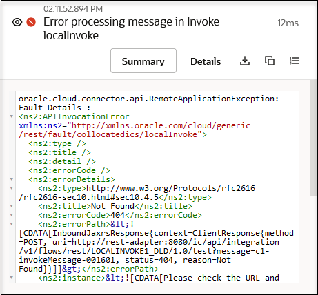 The error in the activity stream section is expanded to show the error. The Summary, Detail, download payload, copy payload, and toggle row number buttons are shown above the error.