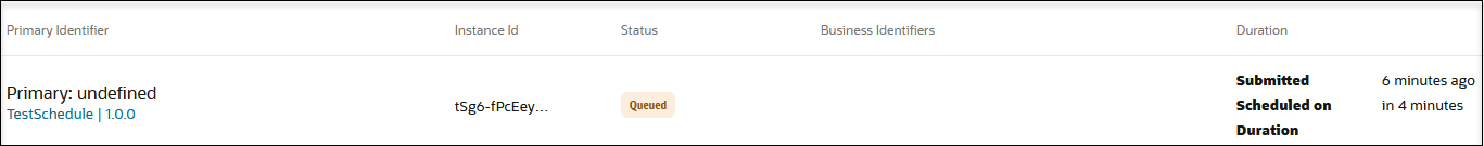 The Primary Identifier, Instance Id, Status, Business Identifiers, and Duration columns are shown.