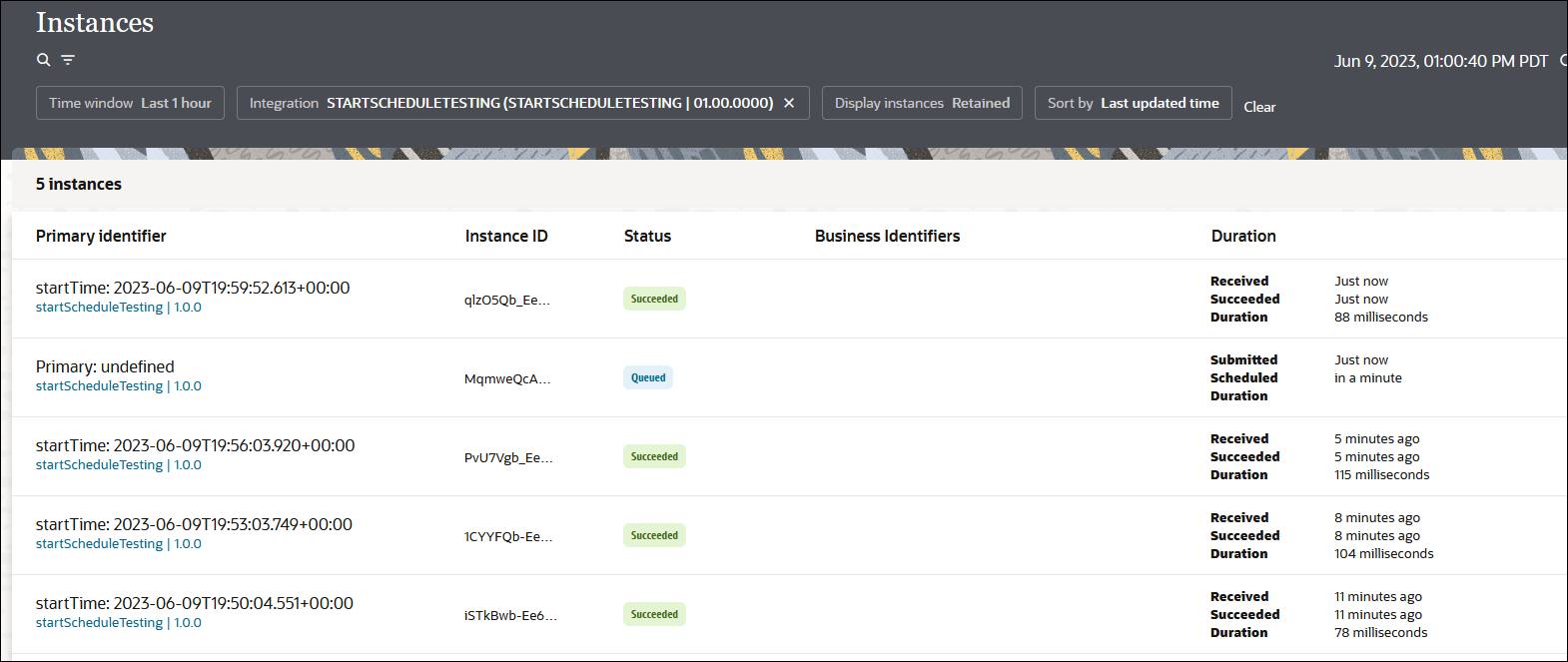 The Instances page shows the search and filter icons at the top. To the far right is the time stamp. Below is a table with columns for Primary identifier, Instance ID, Status, Business Identifiers, and Duration.