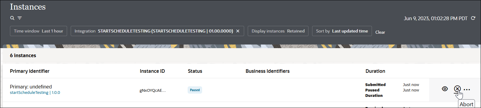 The business identifier, instance ID, status, submitter details, and View Details, Abort, and Actions icons are shown. The business identifier, instance ID, status, submitter details, and View Details, Abort, and Actions icons are shown.