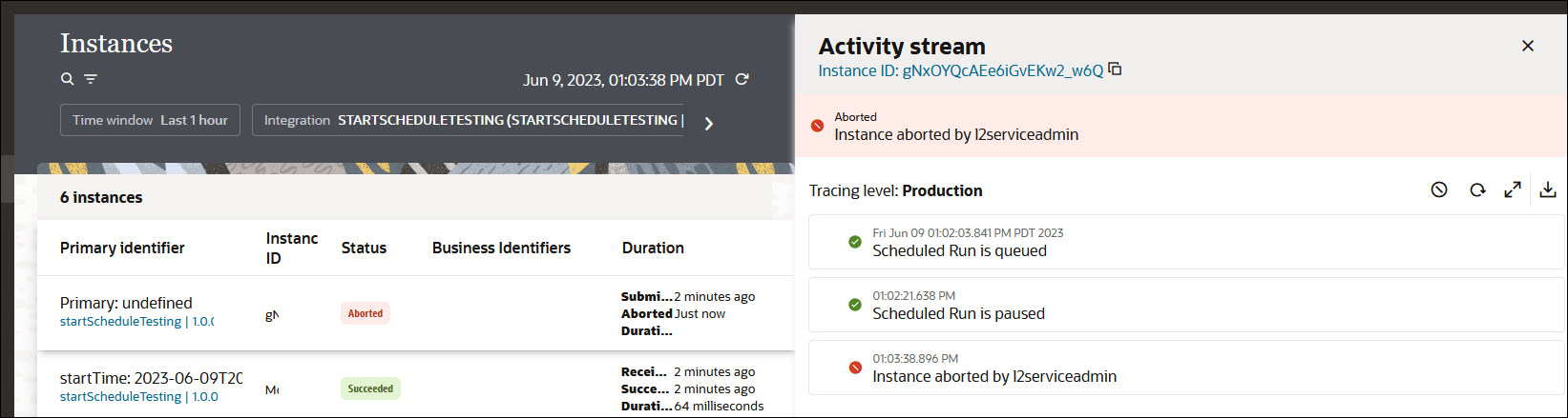 The activity stream shows details about the milestones of the instance flow. For this example, the last entry indicates that the instance was aborted. Reasons are provided. The view details icon appears next to milestones for which the message payload can be viewed. The download payload link appears at the upper right. The activity stream shows details about the milestones of the instance flow. For this example, the last entry indicates that the instance was aborted. Reasons are provided. The view details icon appears next to milestones for which the message payload can be viewed. The download payload link appears at the upper right.