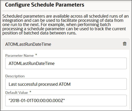 The Configure schedule parameters panel shows the Parameter Name, Description, and Default Value fields completed with values.