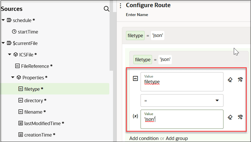 The Sources tree of elements is shown on the left side. The Configure Route section is shown on the right side. Under this section are the Enter name field, the values that show the complete routing expression, and the Value field, Operator list, and Value field that show the individual parts of the routing expression. Both Value fields include icons for clear and switch to developer view.