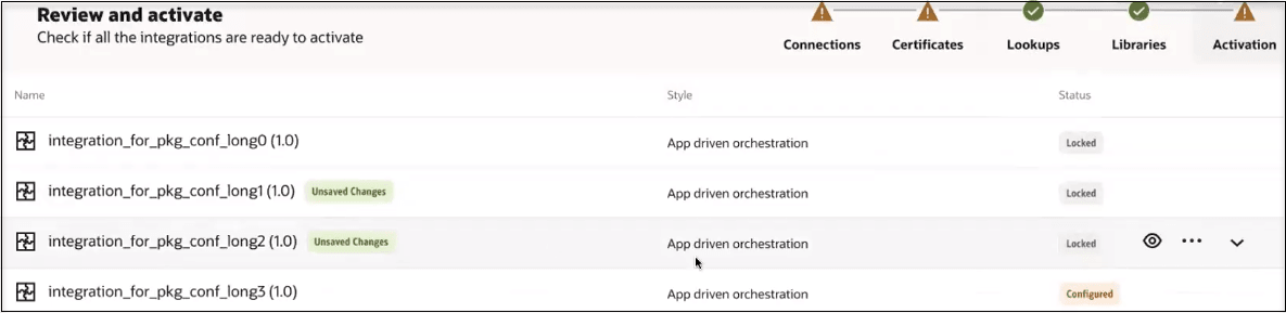 The Review and activate page shows the list of integrations that are ready to be activated. The style and state of each integrations is shown. The steps in the wizard train are shown in the upper right: Connections, Certificates, Lookups, Libraries, and Activation.