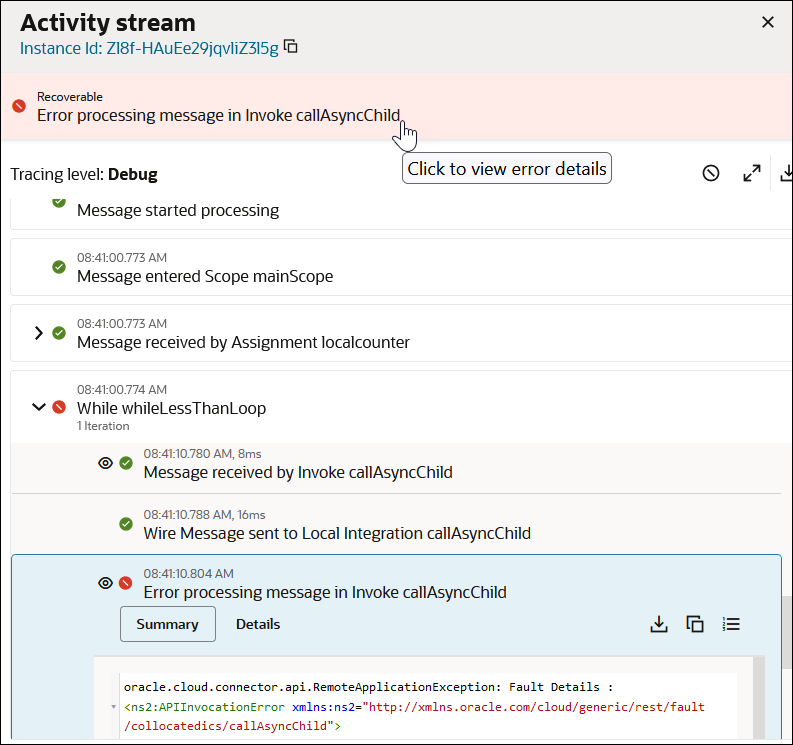 The activity stream shows a nonrecoverable error message link at the top, which is being clicked. Below this, the tracing level is set to production. Three icons appear to the far right. Below the tracing level are entries that show the movement of the message payload through the integration. The clicked error at the top has been highlighted below in the activity stream.