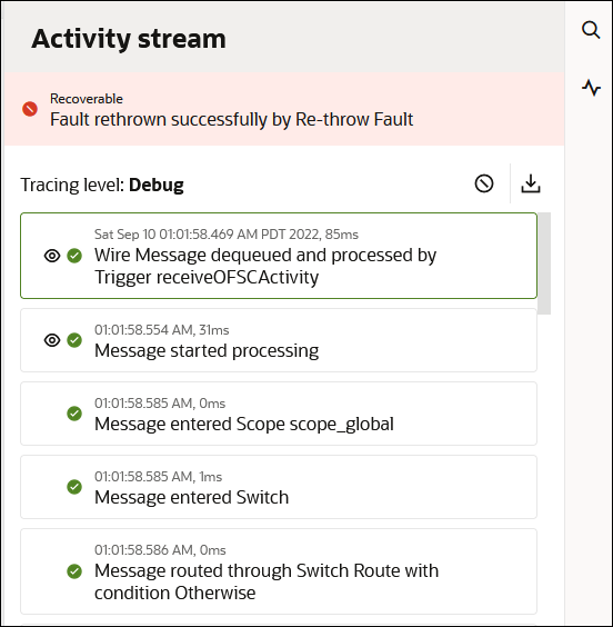 The activity stream shows a recoverable error message link at the top. After this, the tracing level is set to debug. Two icons appear to the far right. In the upper right corner of the activity stream are two other icons. After the tracing level are entries that show the movement of the message payload through the integration.