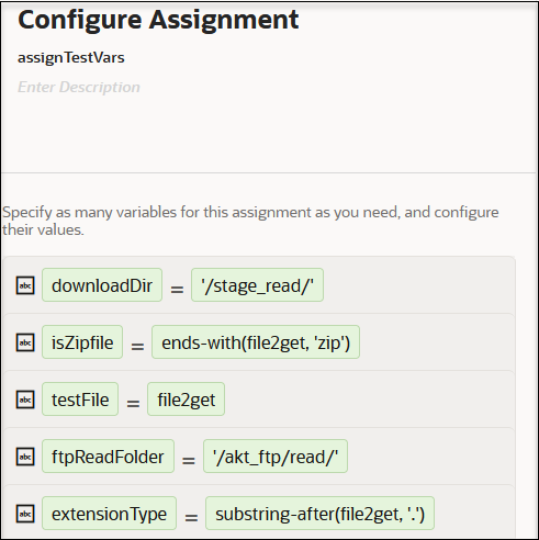The Configure Assignment panel shows the name and description fields at the top. Below this, five string variables are shown as defined.