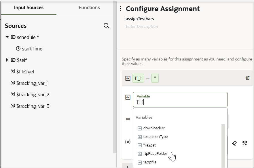 The Sources elements are shown. The Input Sources tab is selected. The Functions tab is next to it. On the right, the Configure Assignment section is shown. A name and description field are shown below. Below this, the name in the Variable field is being selected from a list. To the right of this field are clear and switch to developer mode icons.