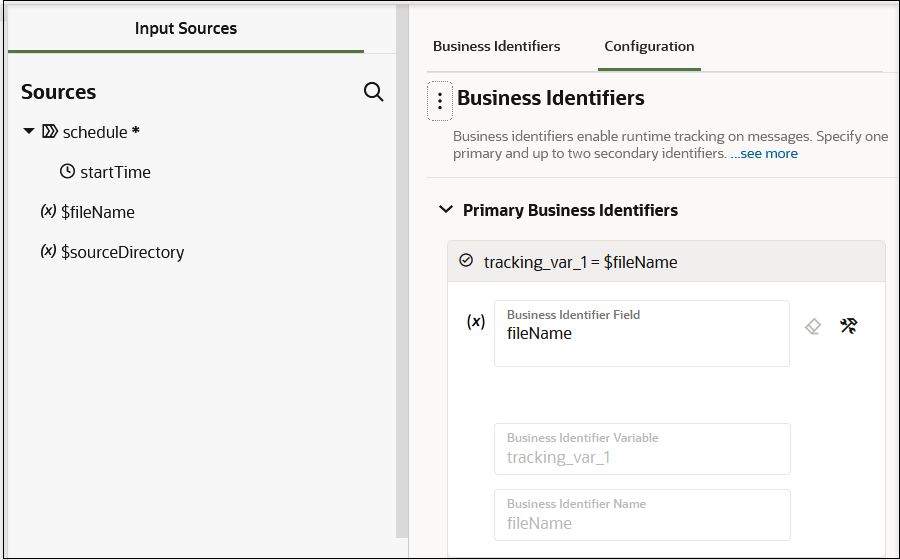 The Input Sources section is displayed on the left. This section includes the Sources tree for business identifiers. To the right is the content for the Configuration tab. The primary business identifier name and value are displayed. The clear icon and switch to developer view icon are displayed to the right of the Business Identifier field.