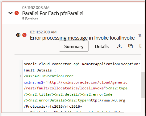 The activity stream shows details about the parallel for-each failure and local invoke failure. The Summary button, Details button, download icon, copy icon, and line numbering icon are shown. After this is the payload for the local invoke.