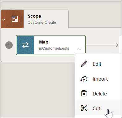 A scope action is expanded to show a map action, which has been highlighted. The Actions menu of the map action has been selected to show options for Edit, Import, Delete, and Cut.