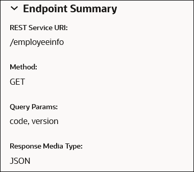 The Summary page shows the REST endpoint summary, the description, and the endpoint summary. The endpoint summary values are described above this image.