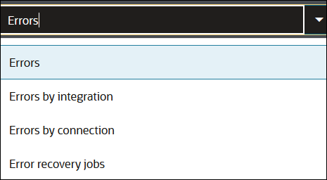 List options are Errors, Errors by integration, Errors by connection, and Error recovery jobs.
