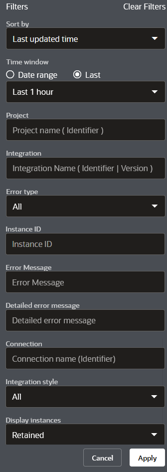 This image shows the Sort by, Time Window with Data Range button and Last button, From, To, Project, Integration, Error Type, Instance ID, Error message, Detailed error message, Connection, Integration style, and Display instances fields.