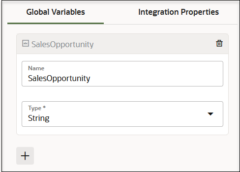 The Global Variables tab is selected. To the right is the Integration Properties tab. Below are the Name and Type fields are shown. A delete icon appears to the right of the name.
