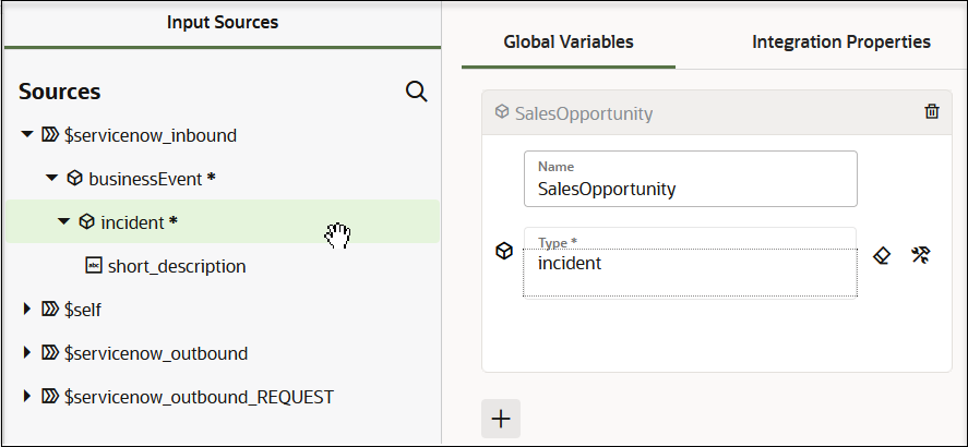 The Input Sources panel appears on the left. Below is the Sources tree of elements. A search icon also appears. On the right, the Global Variables tab is selected. To the right is the Integration Properties tab. Below are the Name and Type fields are shown. The Type field has a Clear icon and Switch to Developer Mode icon. A delete icon appears to the right of the name.