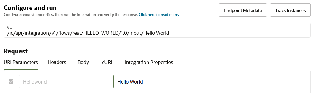 The Configure and run page shows Endpoint Metadata and Track Instances buttons. The Get verb path is shown. In the Request section, the URI Parameters, Headers, Body, cURL, and Integration Properties tabs are shown. The URI Parameters tab is selected. A value of Hello World is entered in the field.