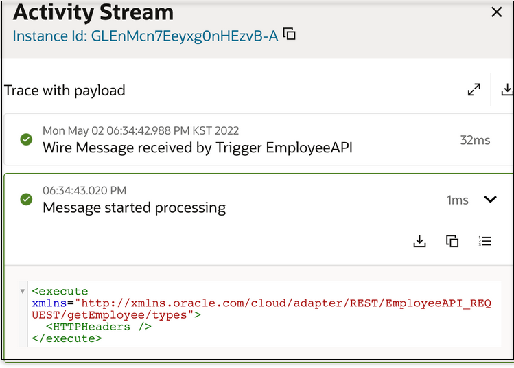 The Activity Stream title is shown at the top. Below this is the Trace with payload label. To the right are the expand and download icons. Below is the status of the integration flow. Message started processing is expanded to show the message payload. On the right are the download, copy to clipboard, and toggle row lines icons.