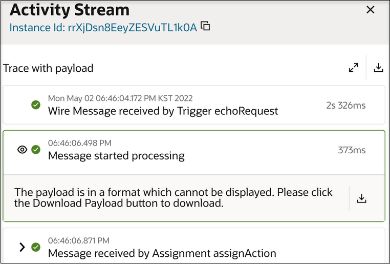 The Activity Stream title is shown at the top. Below this is the Trace with payload label. To the right are the expand and download icons. Below is the status of the integration flow. The "Message started processing" part of the message is expanded to show a message saying that the payload is in a format that cannot be displayed. You should click the download payload icon.