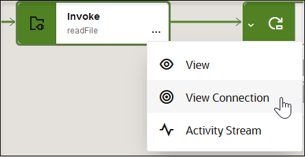 The actions menu is selected for the invoke action to show View Connection being selected.