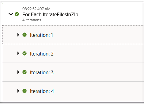 The for-each action is shown in the activity stream with four iterations that can each be expanded.