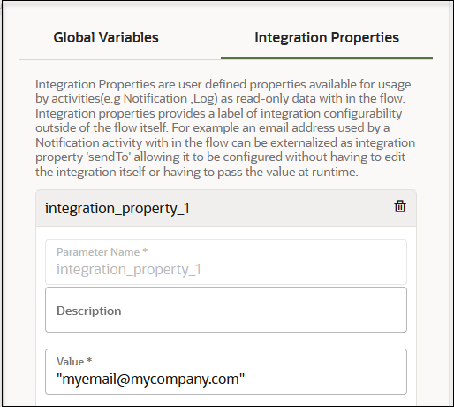 The Global Variables and Integration Properties tabs are shown. Integration Properties is selected. Below are the Parameter Name, Description, and Value fields.