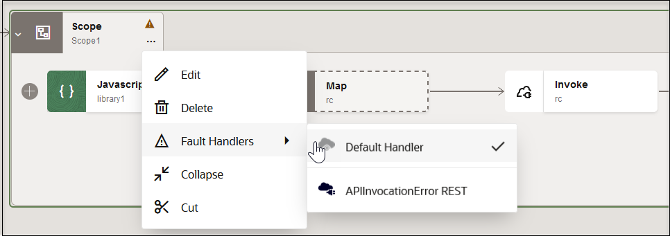 Scope action is clicked and the Actions menu is selected to show Fault Handlers selected. To fault handlers are shown: Default Handler and APIInvocationError REST.