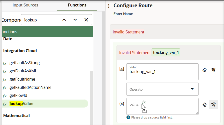 The lookupValue function is dragged to the second Value field in the Configure route panel.