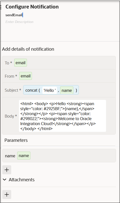 The Configure notifications panel shows name and description fields at the top. After this is the Add details of notification section. The To, From, Subject, and Body fields are after. After this is the Parameters section, with a value of name. After this is the Attachments section.